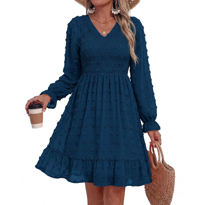 BTFBM Summer Dresses for Women 2026 Long Sleeve Casual V Neck Swiss Dot Smocked Ruffle Chiffon Flowy Mini Spring Dress(Dark Blue, Medium) by BTFBM - Image 2