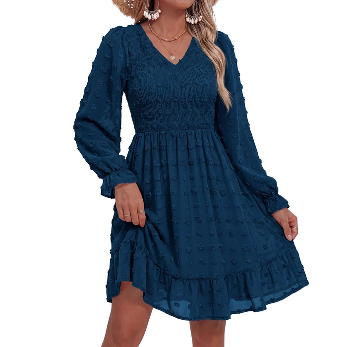 BTFBM Summer Dresses for Women 2026 Long Sleeve Casual V Neck Swiss Dot Smocked Ruffle Chiffon Flowy Mini Spring Dress(Dark Blue, Medium) by BTFBM - Image 5