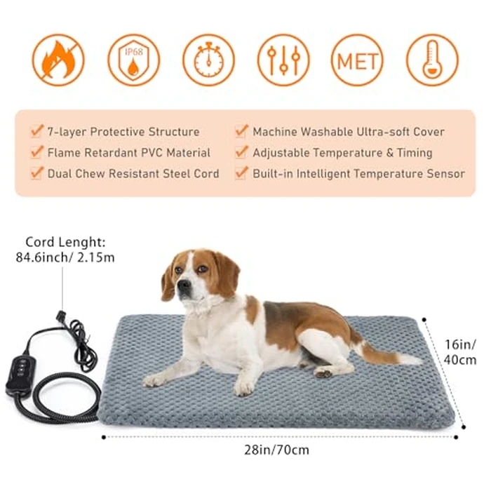 INVENHO Heated Dog Bed, Waterproof Adjustable Temperature Dog Cat Heating Pad with Timer, Indoor Pet Heating Pad for Cats Dogs Electric Pads for Dogs Cats, Pet Heated Pad (M: 28" x 20") by INVENHO - Image 7