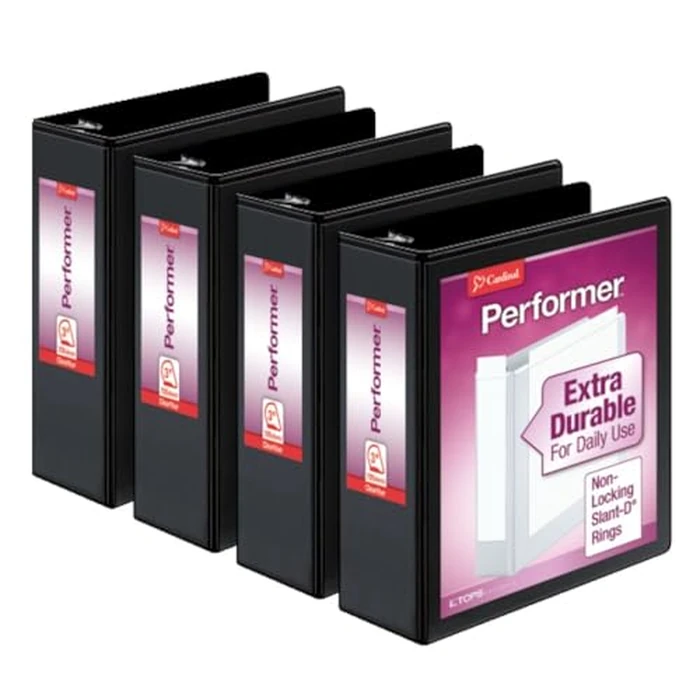 Cardinal Performer 3-Ring Binders, 3", Non-Locking Slant-D Rings, 725-Sheet Capacity, ClearVue Presentation, Non-Stick, PVC-Free, Black, 4-Pack (27601) by Cardinal - Used - Like New condition