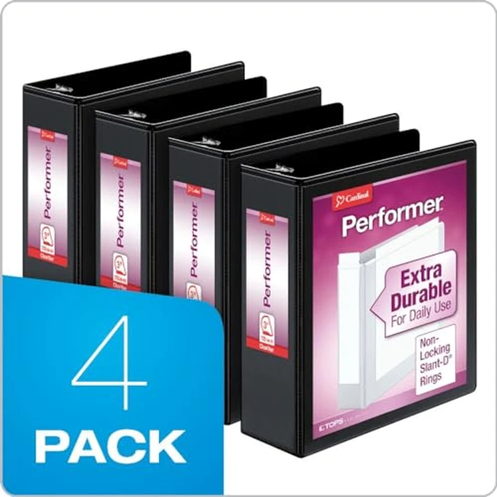 Cardinal Performer 3-Ring Binders, 3", Non-Locking Slant-D Rings, 725-Sheet Capacity, ClearVue Presentation, Non-Stick, PVC-Free, Black, 4-Pack (27601) by Cardinal - Image 3