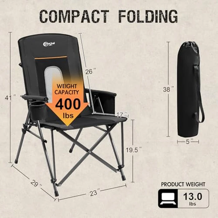 PORTAL Oversized Folding Camping Chair High Back Portable Lawn Chairs for Adults Outdoor Sports with Hard Armrest Cup Holder，Supports 400LBS Black by Portal - Image 4