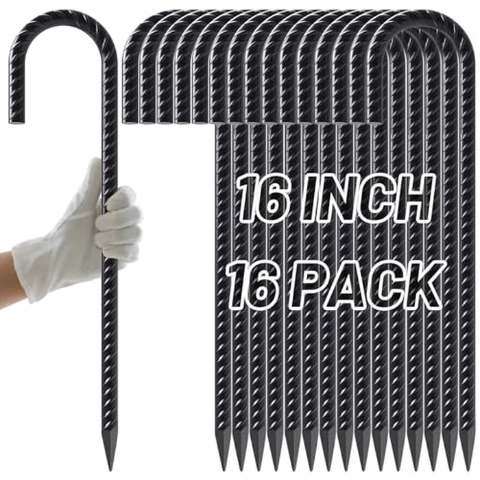AAGUT Rebar Stakes 16 Inch Heavy Duty 1/2 Inch Diameter J Hook, 16 Pack Black Coated Ground Anchors Chain Link Fence Stakes with Chisel Point End for Large Canopies, Outdoor Inflatables, Swing Set by AAGUT - Used - Like New condition - US$36.31