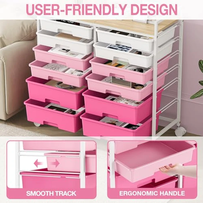 Rolling Storage Cart with 12 Drawers, Wooden Tabletop Utility Cart for Craft Room, Art Supply Storage & Home Office Organization, Teacher Cart with Wheels for Classroom, School (Pink) by SYKIARIOL - Image 3