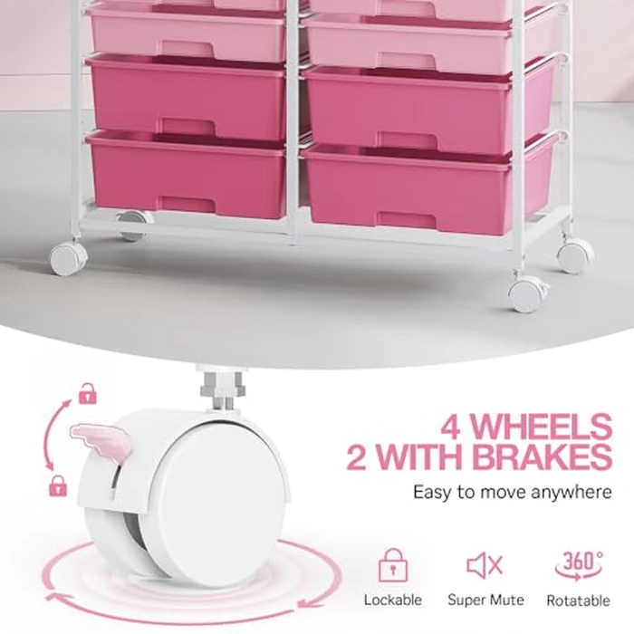 Rolling Storage Cart with 12 Drawers, Wooden Tabletop Utility Cart for Craft Room, Art Supply Storage & Home Office Organization, Teacher Cart with Wheels for Classroom, School (Pink) by SYKIARIOL - Image 5