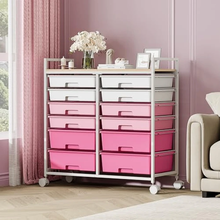 Rolling Storage Cart with 12 Drawers, Wooden Tabletop Utility Cart for Craft Room, Art Supply Storage & Home Office Organization, Teacher Cart with Wheels for Classroom, School (Pink) by SYKIARIOL - Image 7