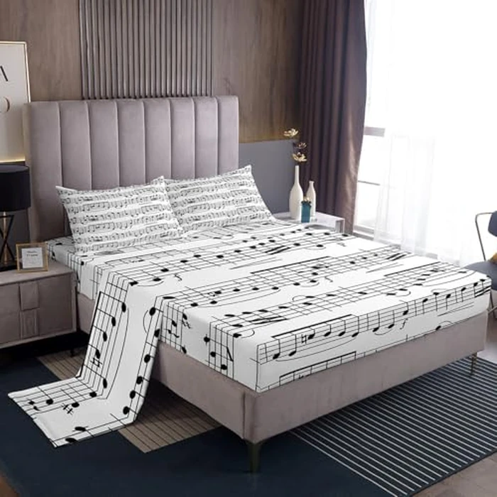 Erosebridal Music Bed Sheets - Full Musical Notes Sheet Set - Piano Notation Bed Sheets - Rotating Music Flat Sheet - Grunge Style Top Sheet - Deep Pocket, White Black by Erosebridal - Used - Like New condition - US$29.31