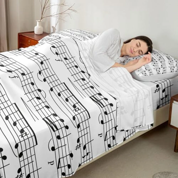 Erosebridal Music Bed Sheets - Full Musical Notes Sheet Set - Piano Notation Bed Sheets - Rotating Music Flat Sheet - Grunge Style Top Sheet - Deep Pocket, White Black by Erosebridal - Image 4