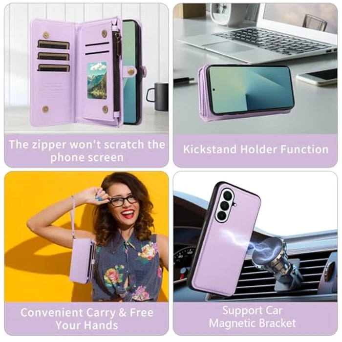 Asuwish Crossbody Wallet Case for Samsung Galaxy Z Fold 7 5G 2025 Magnetic Detachable PU Leather Phone Case Card Holder Flip Zipper Lanyard Strap Purse ZFold7 Z7 G Fold7 ZFold 7Z Women Purple by Asuwish - Image 4