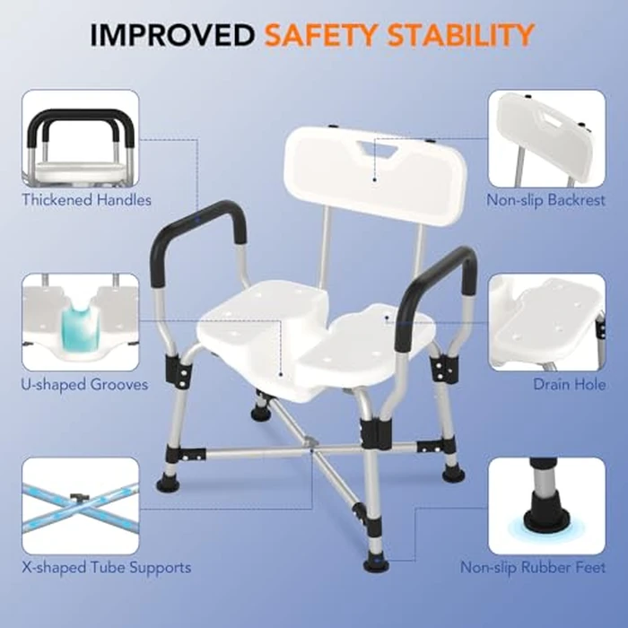 U-Shaped Shower Chair for Inside Shower, 450lbs Heavy Duty Shower Chair for Elderly and Disabled, Shower Seat with Back and Padded Arms for Adults, Height Adjustable Bath Chair for Senior, White by RUIERS - Image 5