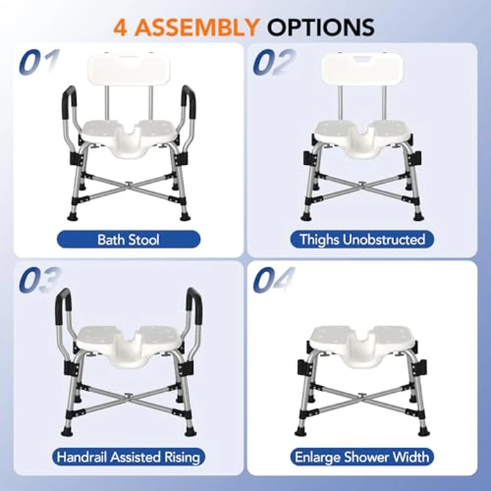 U-Shaped Shower Chair for Inside Shower, 450lbs Heavy Duty Shower Chair for Elderly and Disabled, Shower Seat with Back and Padded Arms for Adults, Height Adjustable Bath Chair for Senior, White by RUIERS - Image 6