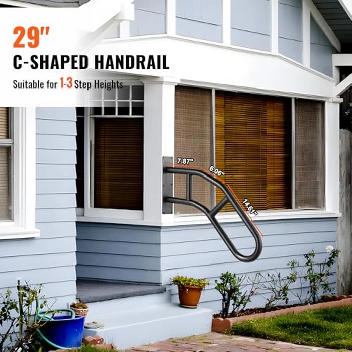 VEVOR Handrails for Outdoor Steps, 29" Length Wall Mount Safety Railings for 1-3 Steps, U-Shaped Handrail with Matte Black Finished, Stair Handrails for Kids, Elderly, Pregnant Women, Disabled 2 PCS by VEVOR - Image 5