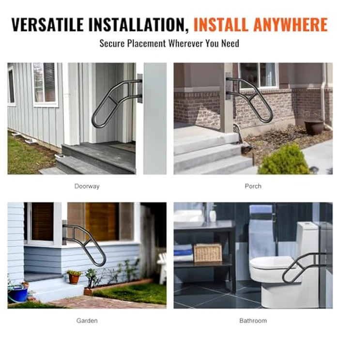 VEVOR Handrails for Outdoor Steps, 29" Length Wall Mount Safety Railings for 1-3 Steps, U-Shaped Handrail with Matte Black Finished, Stair Handrails for Kids, Elderly, Pregnant Women, Disabled 2 PCS by VEVOR - Image 7