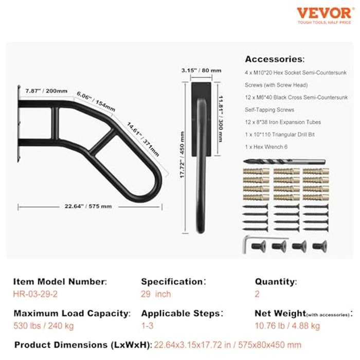 VEVOR Handrails for Outdoor Steps, 29" Length Wall Mount Safety Railings for 1-3 Steps, U-Shaped Handrail with Matte Black Finished, Stair Handrails for Kids, Elderly, Pregnant Women, Disabled 2 PCS by VEVOR - Image 8