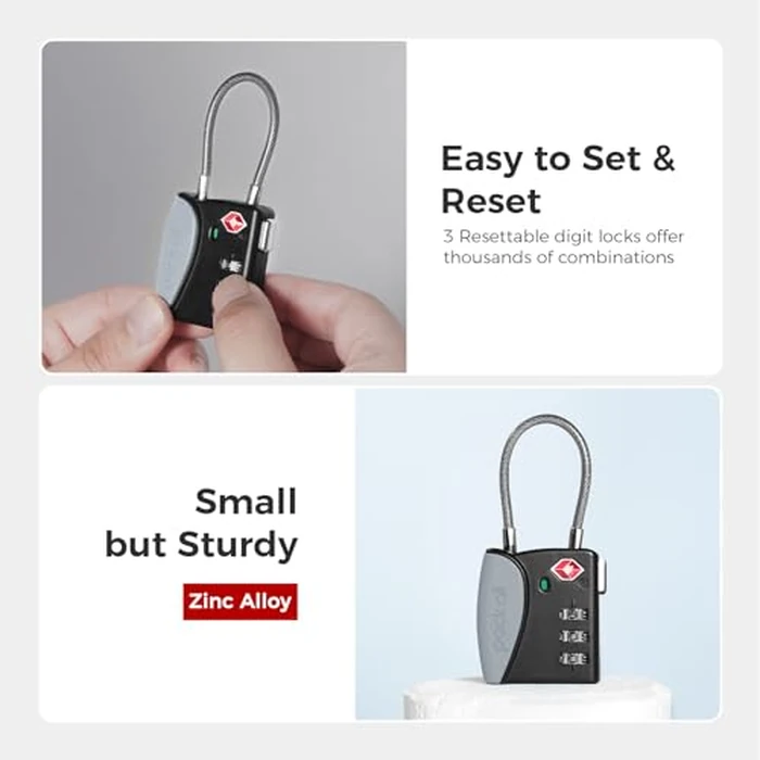 pack all TSA Approved Cable Luggage Locks, 3 Digit Combination Padlocks, Travel Lock for Suitcases & Bag, Alloy Body, Travel Accessories (4 Pack)（Grey） by pack all - Image 4