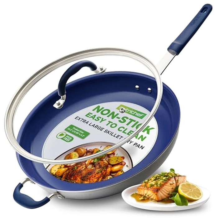 NutriChefKitchen 14'' Fry Pan with Lid - Extra Large Skillet Nonstick Frying Silicone Handle, Ceramic Coating, Blue Stain-Resistant and Easy to Clean, Professional Home Cookware (NCFRLD14) by Nutrichef - Used - Acceptable condition - CA$37.57