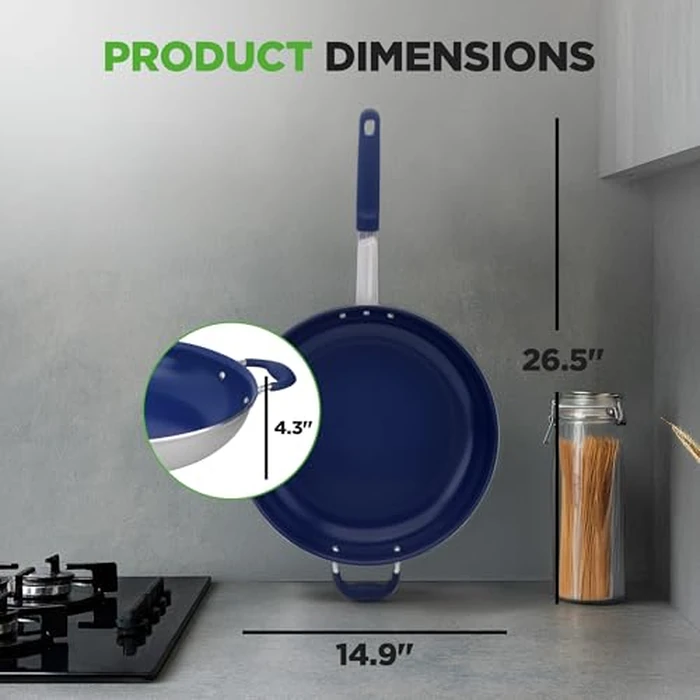 NutriChefKitchen 14'' Fry Pan with Lid - Extra Large Skillet Nonstick Frying Silicone Handle, Ceramic Coating, Blue Stain-Resistant and Easy to Clean, Professional Home Cookware (NCFRLD14) by Nutrichef - Image 6