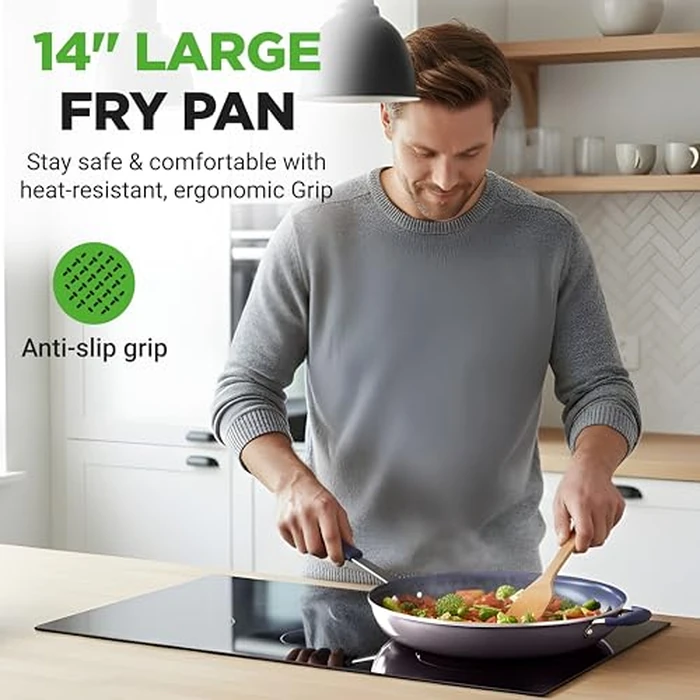 NutriChefKitchen 14'' Fry Pan with Lid - Extra Large Skillet Nonstick Frying Silicone Handle, Ceramic Coating, Blue Stain-Resistant and Easy to Clean, Professional Home Cookware (NCFRLD14) by Nutrichef - Image 7