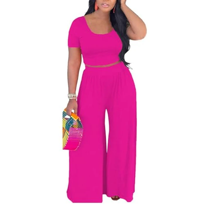 HBQ Two Piece Outfits For Women Casual Sweat Suits Backless Short Sleeve Crop Tops Wide Leg Pants Lounge Sets Tracksuit-Rose Red-L by HBQ - Used - Very Good condition