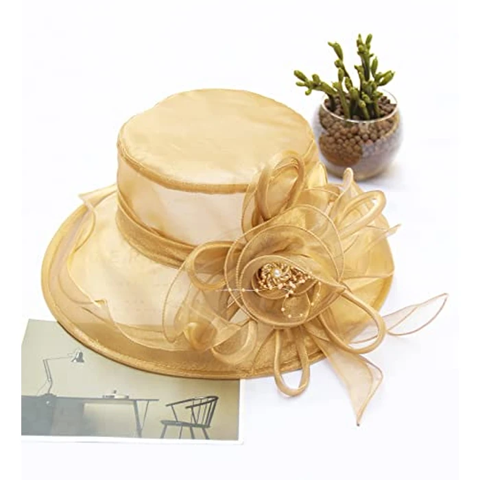 Z&X Organza Church Fascinator Wedding Tea Party Derby Hats for Women Flower Wide Brim Sun Hat Khaki by Z&X - Used - Like New condition - US$22.28