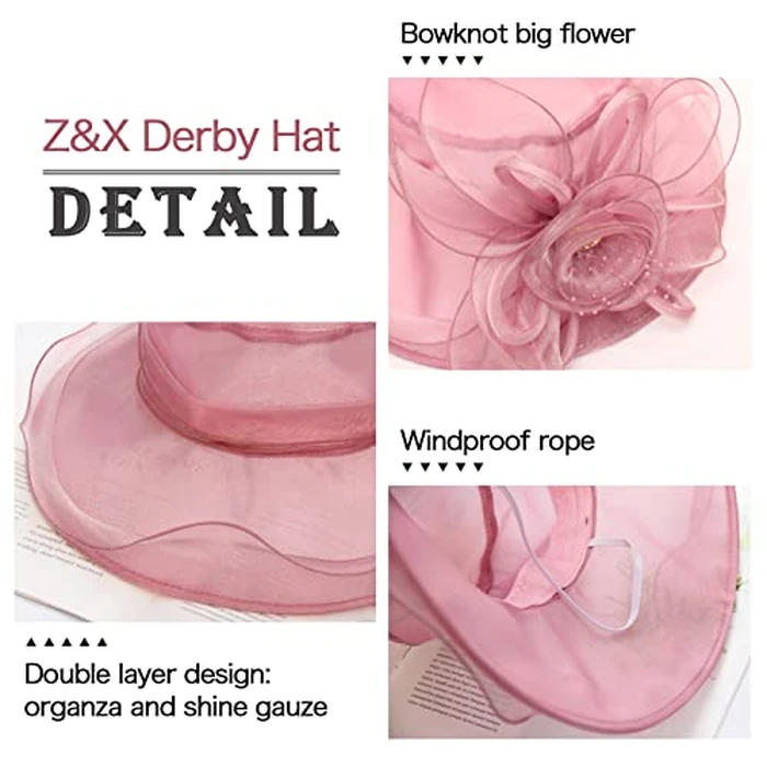Z&X Organza Church Fascinator Wedding Tea Party Derby Hats for Women Flower Wide Brim Sun Hat Khaki by Z&X - Image 2