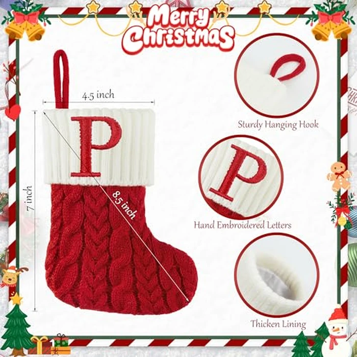 Christmas Stockings with Initials, 7 Inch Mini Letter Stocking, Embroidered Small Red White Cable Knitted Christmas Decoration for Home Family Holiday Xmas Tree Fireplace Gifts-Letter P by Edoneery - Image 1