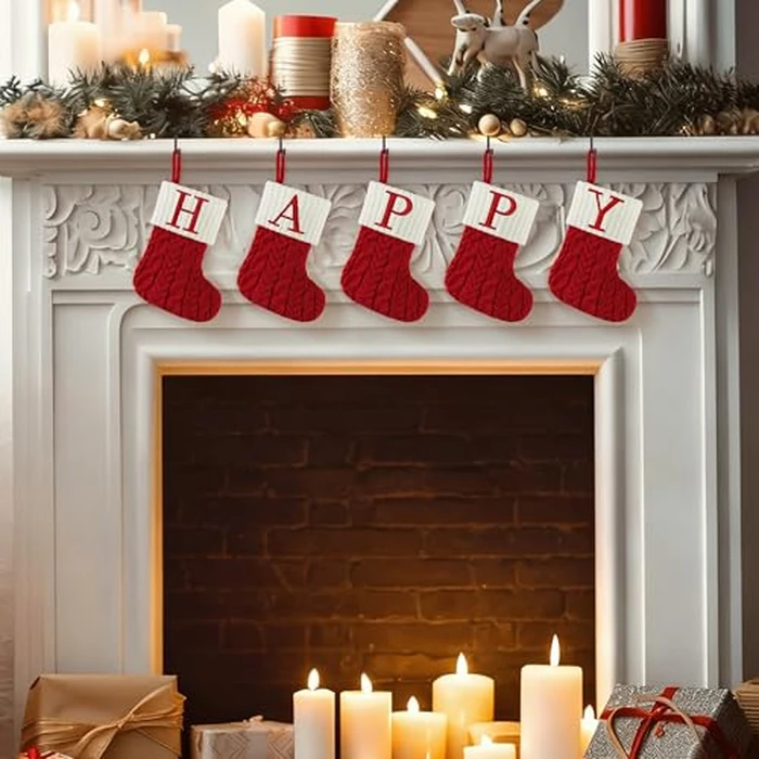 Christmas Stockings with Initials, 7 Inch Mini Letter Stocking, Embroidered Small Red White Cable Knitted Christmas Decoration for Home Family Holiday Xmas Tree Fireplace Gifts-Letter P by Edoneery - Image 2