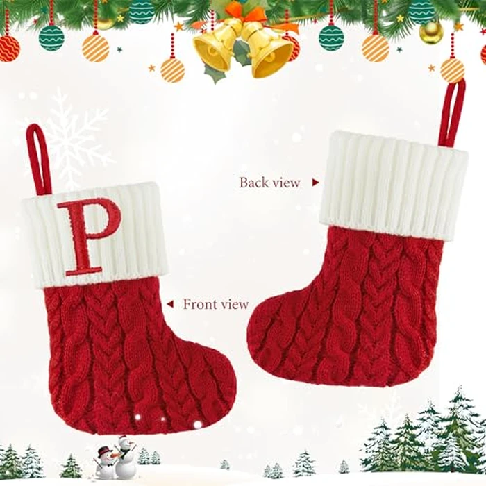 Christmas Stockings with Initials, 7 Inch Mini Letter Stocking, Embroidered Small Red White Cable Knitted Christmas Decoration for Home Family Holiday Xmas Tree Fireplace Gifts-Letter P by Edoneery - Image 6