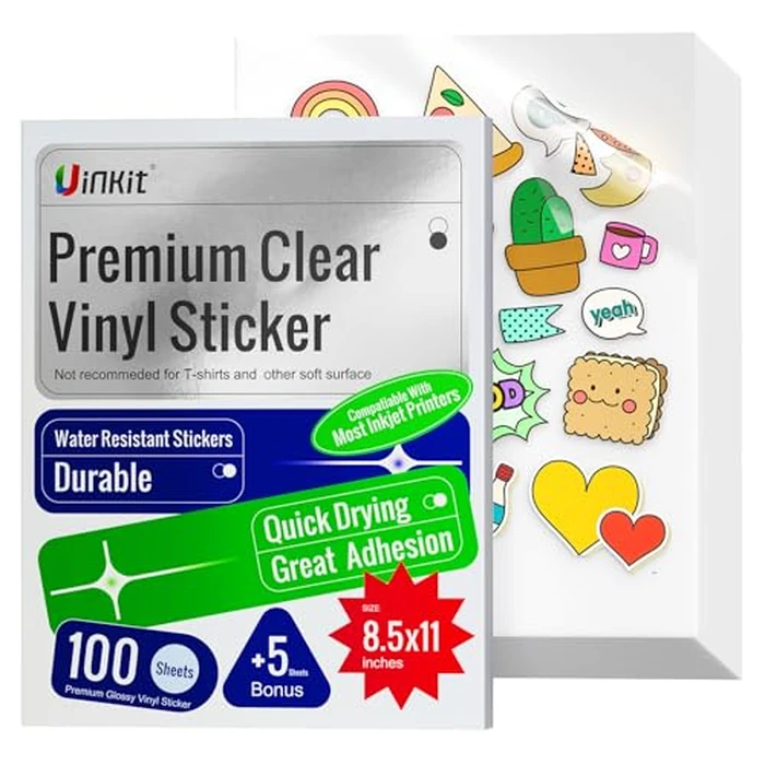 Uinkit 105Sheets Premium 90% Clear Vinyl Sticker Paper for Inkjet Printer - Include 100 Sheets Clear and 5Sheets Glossy Label Waterproof, Dries Quickly Vivid Colors, Holds Ink Well by Uinkit - Used - Good condition - CA$29.38