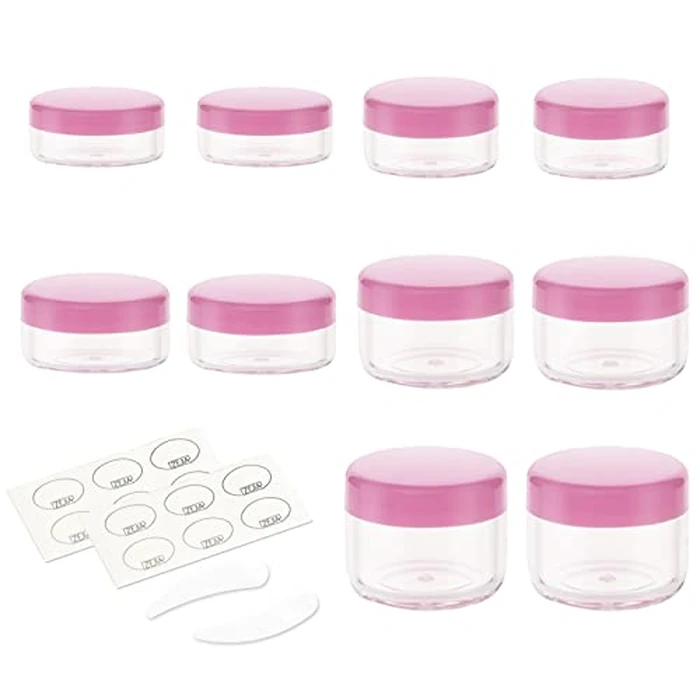 ZEJIA 10pcs Small Travel Containers, Pink Sample Container with Screw Lids, 5 Size 3/5/10/15/20 Gram Sample Jars with 12pcs Labels and 2pcs Mini Disposable Spatula, Makeup Sample Containers BPA Free by ZEJIA - Used - Good condition - CA$9.34