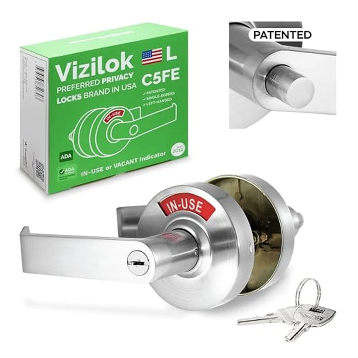 VIZILOK ADA Compliant, Single Egress Indicator Privacy Lock with Keys, C5FE-L Durable ANSI Grade 2 Comp Commercial LEFTHanded Non Reversible in-Use or Vacant Push Button Lever - Satin Chrome by VIZILOK - Used - Acceptable condition - US$61.26