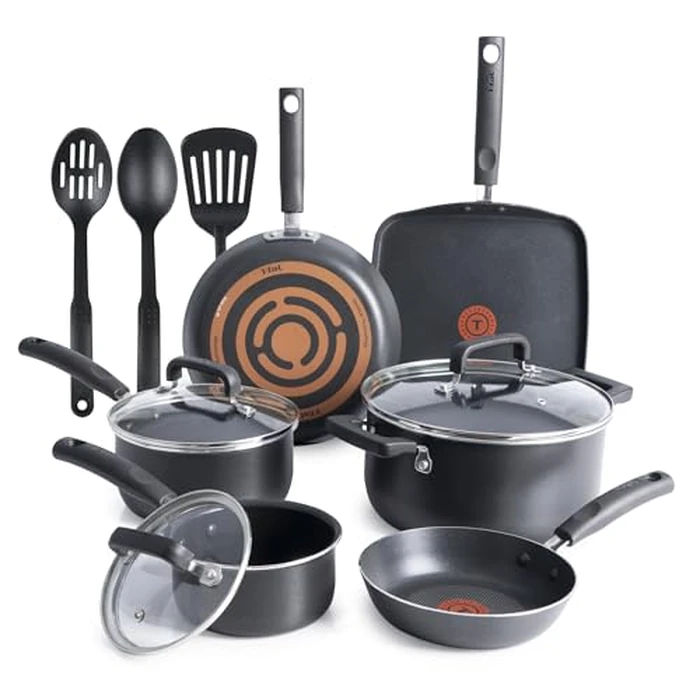 T-Fal Signature Nonstick Pots and Pans Set 12 Piece, Oven Broiler Safe 350F, Kitchen Cookware Set w/Fry Pans, Saucepans, Saute Pan, Dutch Oven, Griddle, Kitchen, Home, Dishwasher Safe, Black by T-Fal - Used - Very Good condition - US$97.61