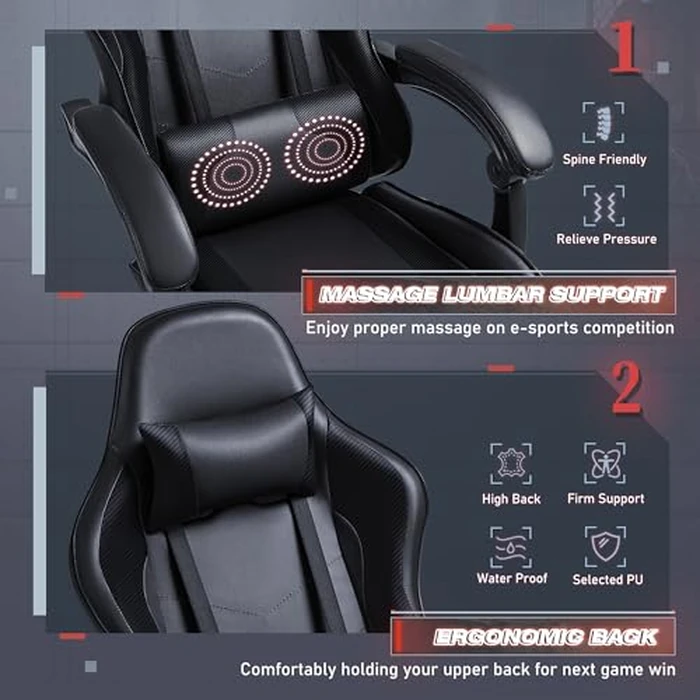Furmax Gaming Chair, Video Game Chair with Footrest and Massage Lumbar Support, Swivel Seat Height Adjustable Computer Chair with Headrest, Racing E-Sport Gamer Chair (Black) by Furmax - Image 2