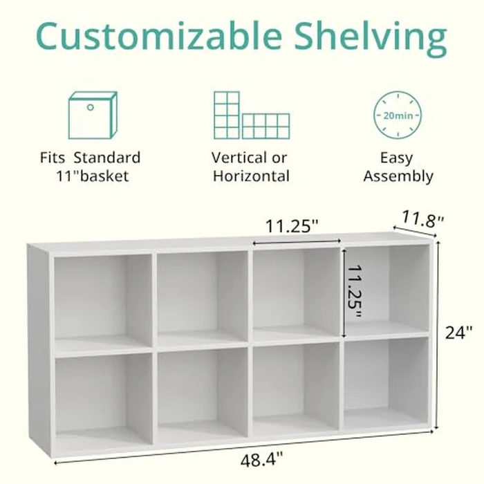 8-Cube Storage Organizer, White Wood Bookcase, Horizontal or Vertical Cube Shelf Unit Fits 11" Storage Bins(NOT Included), Display Book Shelves with Back Panel for Kids Toy Storage, Living Room Office by YAOYE - Image 3
