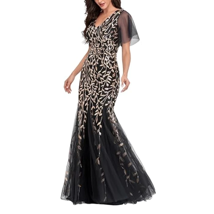 YHHOWEP Women's Formal Evening Gowns Long Sparkly Sequin Elegant Tulle Sleeve Mother of Bride Dress Bodycon Maxi Prom Dresses Black Gold M by YHHOWEP - Used - Like New condition - US$64.79