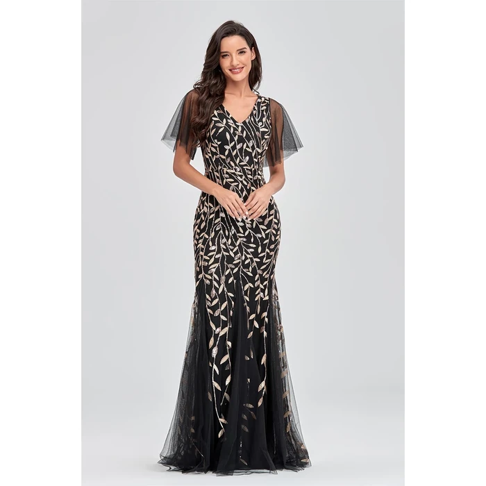 YHHOWEP Women's Formal Evening Gowns Long Sparkly Sequin Elegant Tulle Sleeve Mother of Bride Dress Bodycon Maxi Prom Dresses Black Gold M by YHHOWEP - Image 6