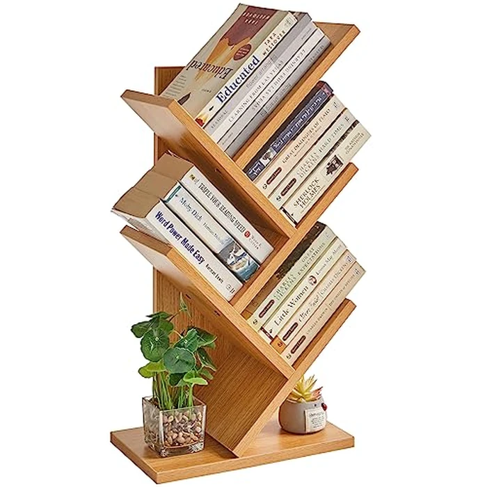 YMYNY 4-Tier Tree Bookshelf, Small Bookcase, Modern Wood Book Storage Rack, Freestanding Book Shelf for Books/Movies/CDs, Narrow Display Rack for Living Room, Home Office, Natural HBC014N by YMYNY - Used - Like New condition