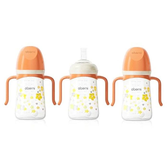 Oberni Baby Sippy Cup 240ml/8oz, Toddler Water Drinking Bottle with Non-Spill Valved Spout and Handle for 6+ Months, Orange/3Pack by Oberni - Image 1