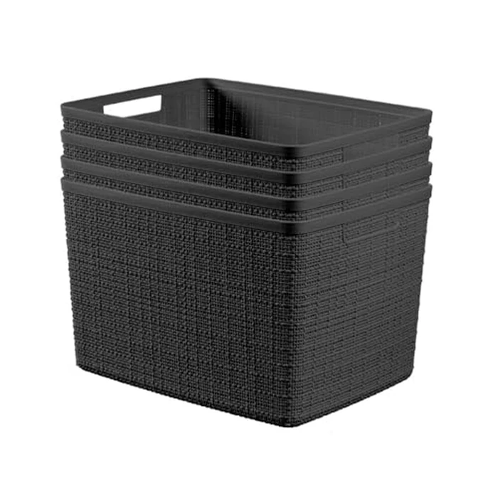 Curver Set of 4 Jute Large Decorative Plastic Organization and Storage Baskets Perfect Bins for Home Office, Closet Shelves, Kitchen Pantry and All Bedroom Essentials, Black by Curver - Image 1