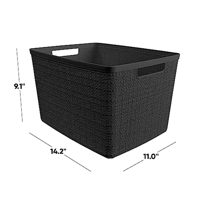 Curver Set of 4 Jute Large Decorative Plastic Organization and Storage Baskets Perfect Bins for Home Office, Closet Shelves, Kitchen Pantry and All Bedroom Essentials, Black by Curver - Image 2