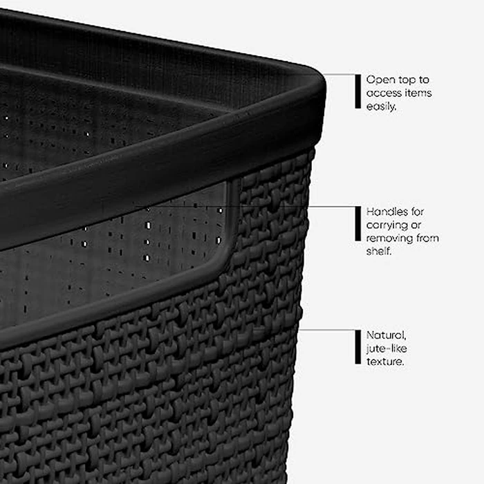 Curver Set of 4 Jute Large Decorative Plastic Organization and Storage Baskets Perfect Bins for Home Office, Closet Shelves, Kitchen Pantry and All Bedroom Essentials, Black by Curver - Image 4