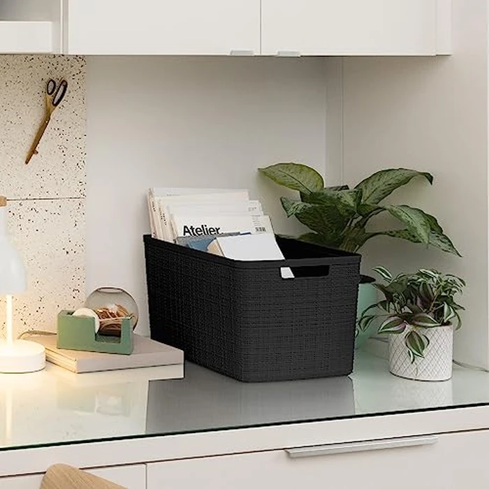 Curver Set of 4 Jute Large Decorative Plastic Organization and Storage Baskets Perfect Bins for Home Office, Closet Shelves, Kitchen Pantry and All Bedroom Essentials, Black by Curver - Image 5