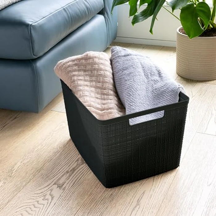 Curver Set of 4 Jute Large Decorative Plastic Organization and Storage Baskets Perfect Bins for Home Office, Closet Shelves, Kitchen Pantry and All Bedroom Essentials, Black by Curver - Image 6