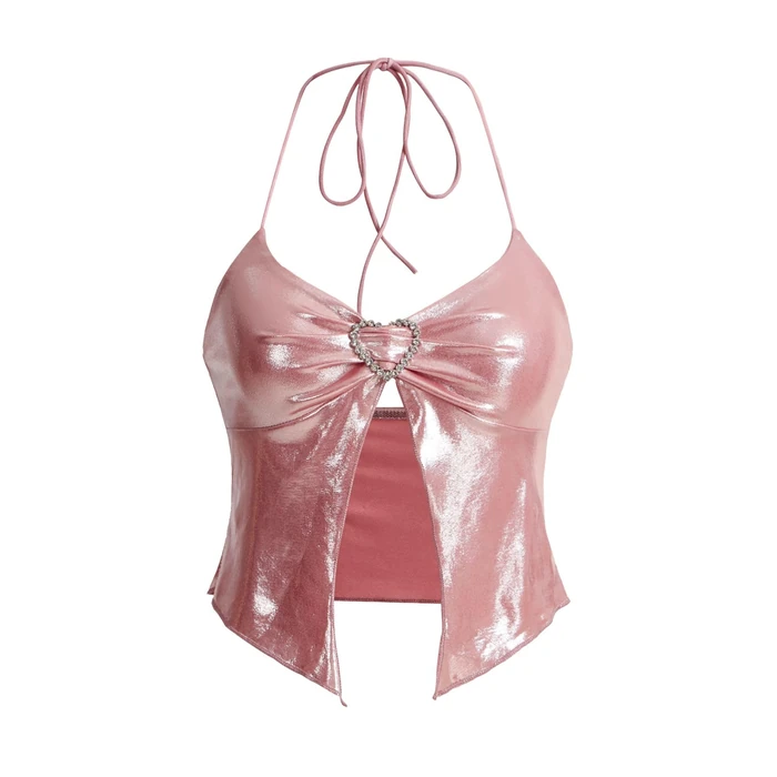 Verdusa Women's Y2K Tops Heart Rhinestone Backless Ruched Cami Asymmetrical Split Crop Halter Top Pink S by Verdusa - Used - Like New condition - US$18.99