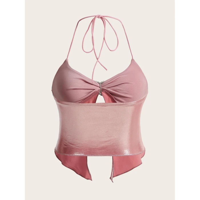 Verdusa Women's Y2K Tops Heart Rhinestone Backless Ruched Cami Asymmetrical Split Crop Halter Top Pink S by Verdusa - Image 2