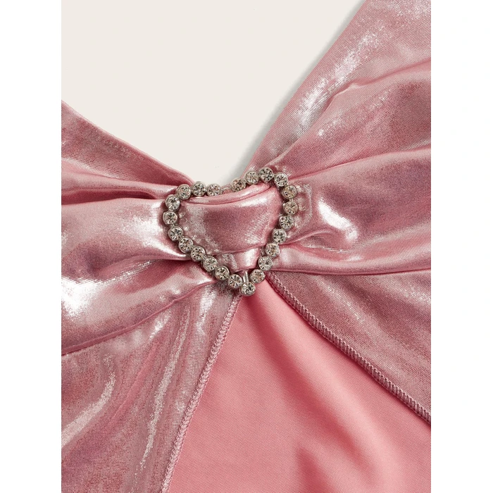 Verdusa Women's Y2K Tops Heart Rhinestone Backless Ruched Cami Asymmetrical Split Crop Halter Top Pink S by Verdusa - Image 4