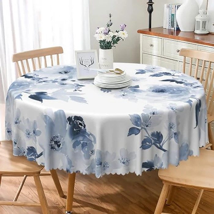TTQYFNM Watercolor Blue Floral Round Tablecloth 54 Inch Navy and White Flowers Printed Modern Art Circular Table Cloth Waterproof Fabric Table Cover for Home Kitchen Dining Room Patio Party Decors by TTQYFNM - Image 1