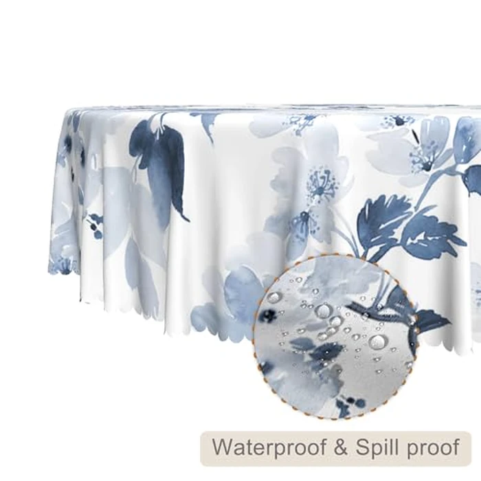 TTQYFNM Watercolor Blue Floral Round Tablecloth 54 Inch Navy and White Flowers Printed Modern Art Circular Table Cloth Waterproof Fabric Table Cover for Home Kitchen Dining Room Patio Party Decors by TTQYFNM - Image 2