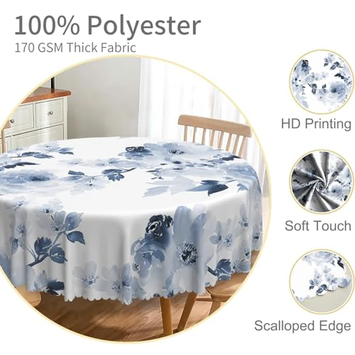 TTQYFNM Watercolor Blue Floral Round Tablecloth 54 Inch Navy and White Flowers Printed Modern Art Circular Table Cloth Waterproof Fabric Table Cover for Home Kitchen Dining Room Patio Party Decors by TTQYFNM - Image 3