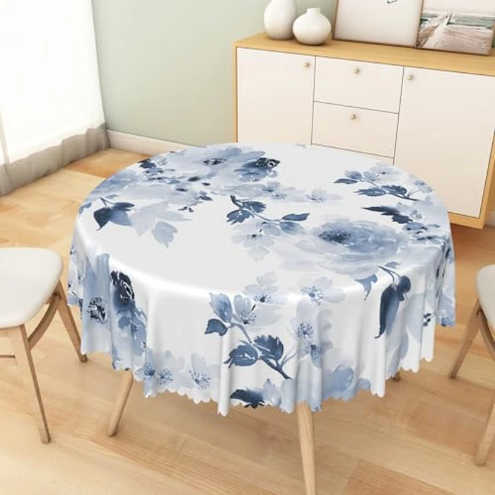 TTQYFNM Watercolor Blue Floral Round Tablecloth 54 Inch Navy and White Flowers Printed Modern Art Circular Table Cloth Waterproof Fabric Table Cover for Home Kitchen Dining Room Patio Party Decors by TTQYFNM - Image 5